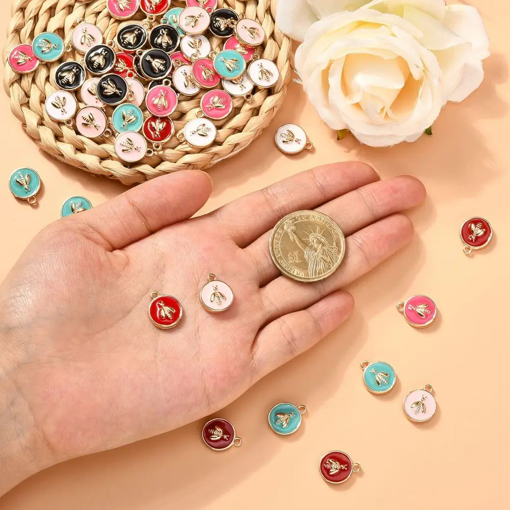 PandaHall 60 Pcs 6 Colors Enamel LightGold Charms Flat Round Bee Animal Honeybee Mini Charm for Jewelry Making