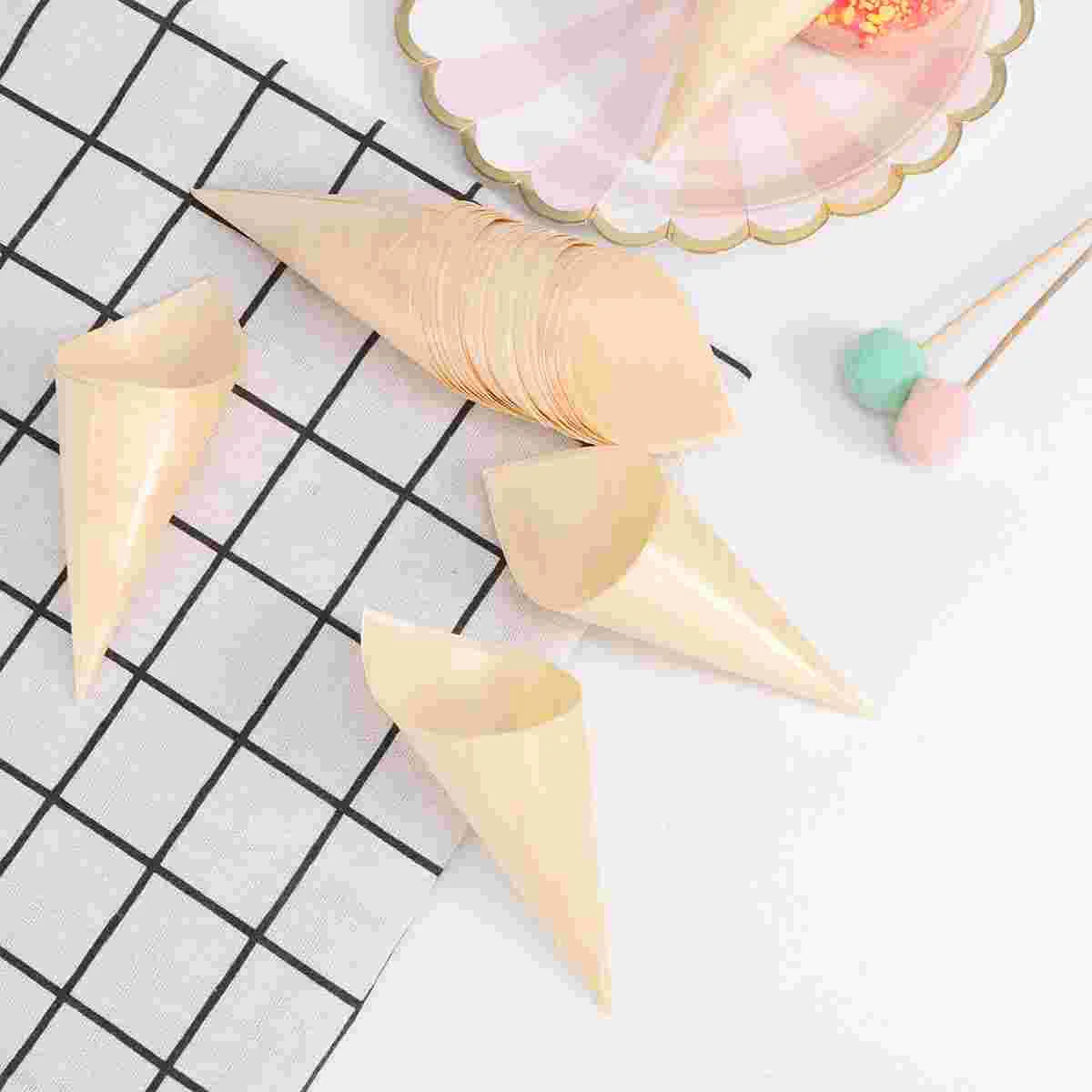 

Disposable Wood Appetizer Cones Ice Cream Cups For Party Foods Snacks Nibbles Disposable Ice Cream Veneer Hand Roll