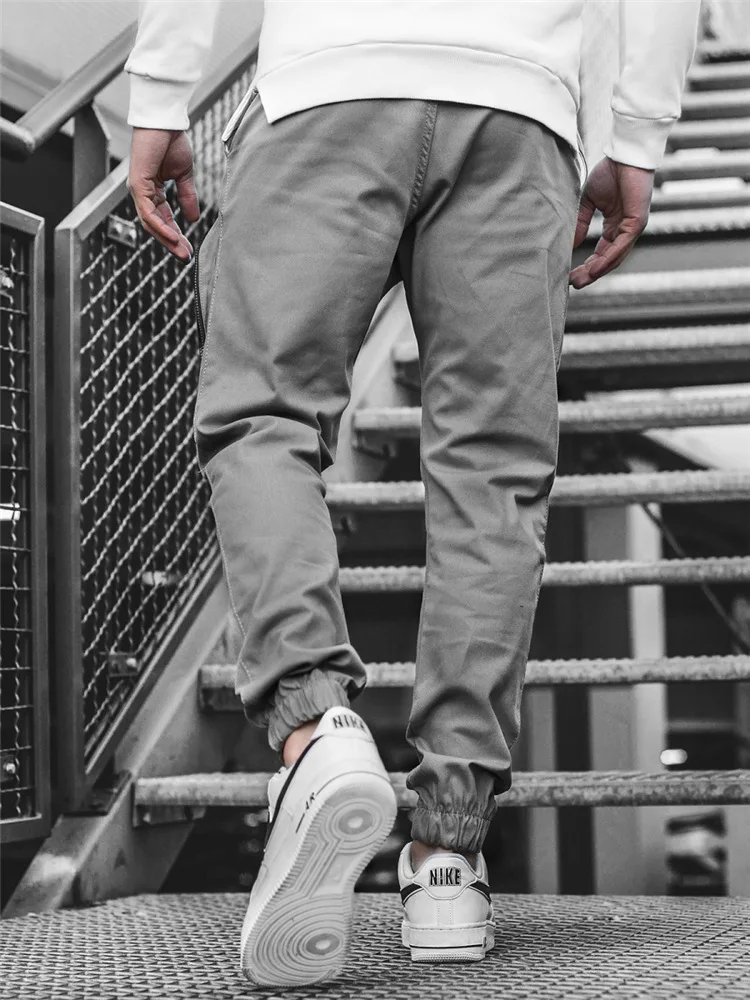 Rainbowtouches Fashion Brand Men's Cargo Pants Casual  Safari Style Tie Feet Trousers Solid Color Boys Overalls Superior Quality beige cargo pants