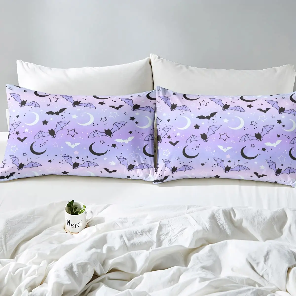 Halloween Sheet Set with Deep Pocket Fitted Sheet for Boys Girls Children Bat Moon Star Print Purple Gradient Style Room Decor 6