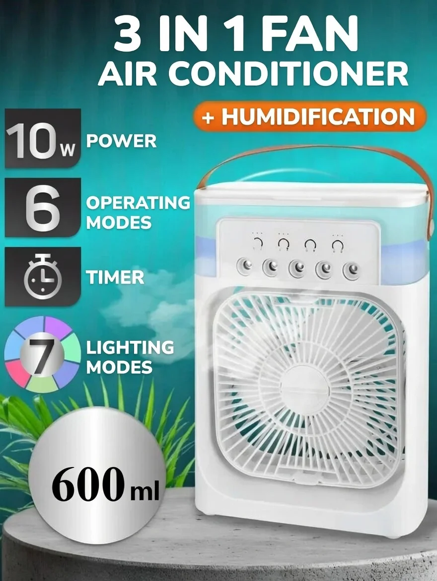 Ventilador Portátil com 5 Furos, Umidificador e Resfriador de Ar, 600ml, 3 Velocidades, 3 Modos de Pulverização, Luz de 7 Cores, Resfriamento com Gelo, USB, Para o Verão em Casa