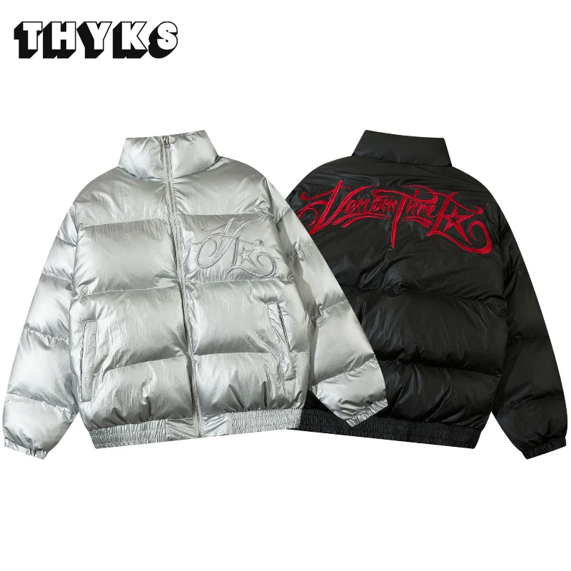

Retro Embroidered Cotton Jackets Men Women Stand Up Collar Thickened Loose Warm Down Jacket Street Versatile Zipper Cotton Coat