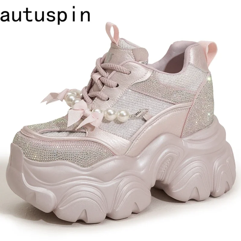 AUTUSPIN 2025 String Beads Pink Shoes Women Summer Spring Comfy Platform Sneakers Bling Rhinestones Ladies Thick Soled Footwear