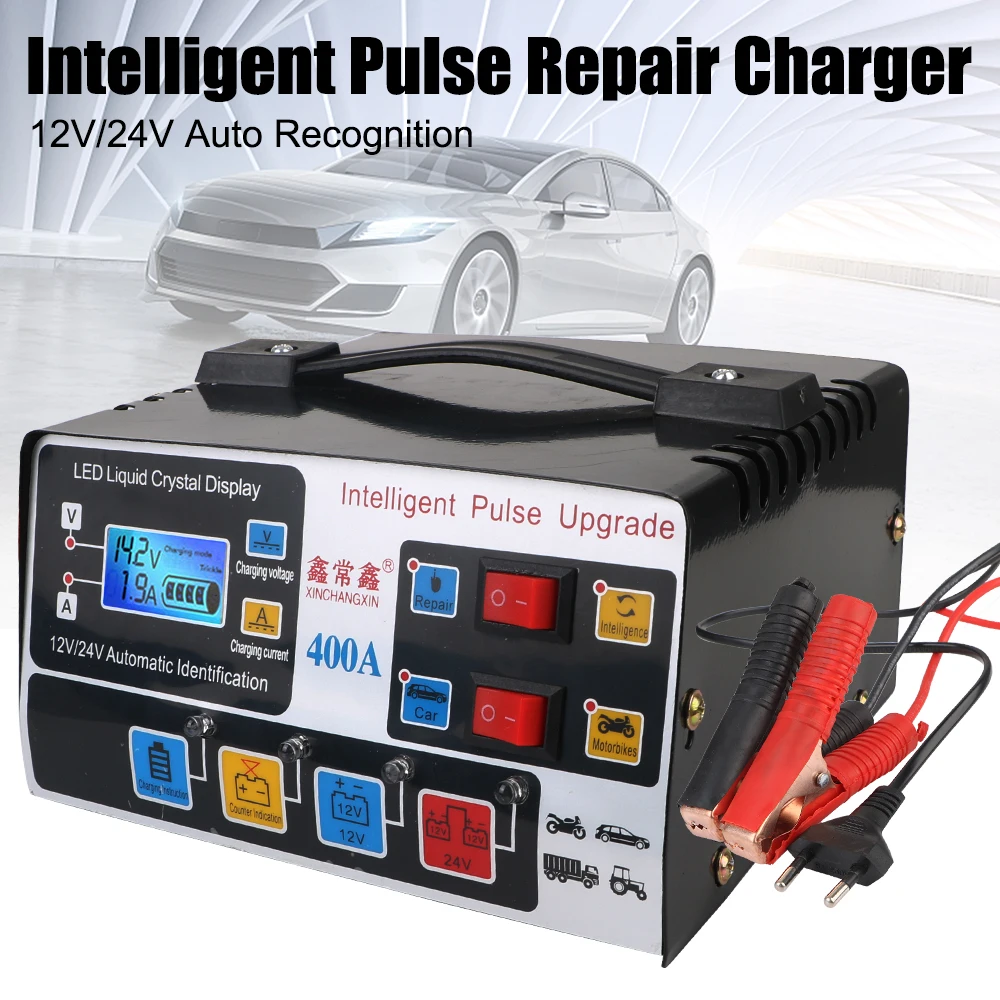 

Car Battery Charger Fully Automatic For SUV Truck Boat Motorcycle High Power Pulse Repair EU Plug LCD Display 12V/24V 220W