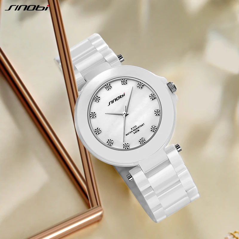 SINOBI High Quality Woman's Watches Fashion Real Ceramic Ladies Gifts Watch White Diamond Womens Quartz Wristwatches Reloj Mujer
