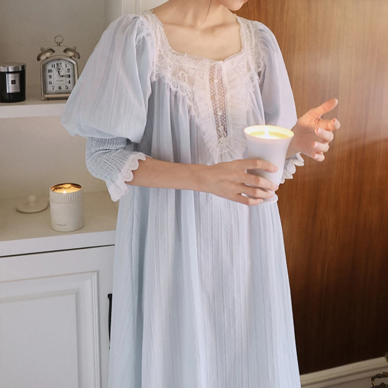 Vintage Spring Summer Pure Cotton Nightgown Women Lace Square
