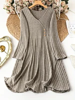 Plus Size Women's Solid Color V-Neck Long Sleeve Pit Stripe Dresses - Image 5