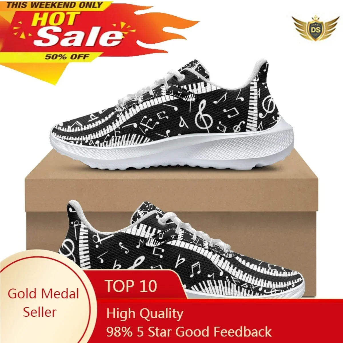 Hot Piano Keys Musical Notation Print Sneakers For Women Classic Lace Up Outdoor Running Shoes Non-slip Wear-resistant Trainers