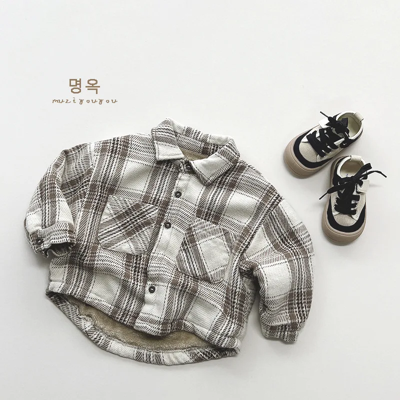 

Korean Autumn Toddler Boy Outwear Coat Cotton Turn Down Collar Plaid Baby Boy Jacket Single Breasted Fleece Retro Kids Boy Coats