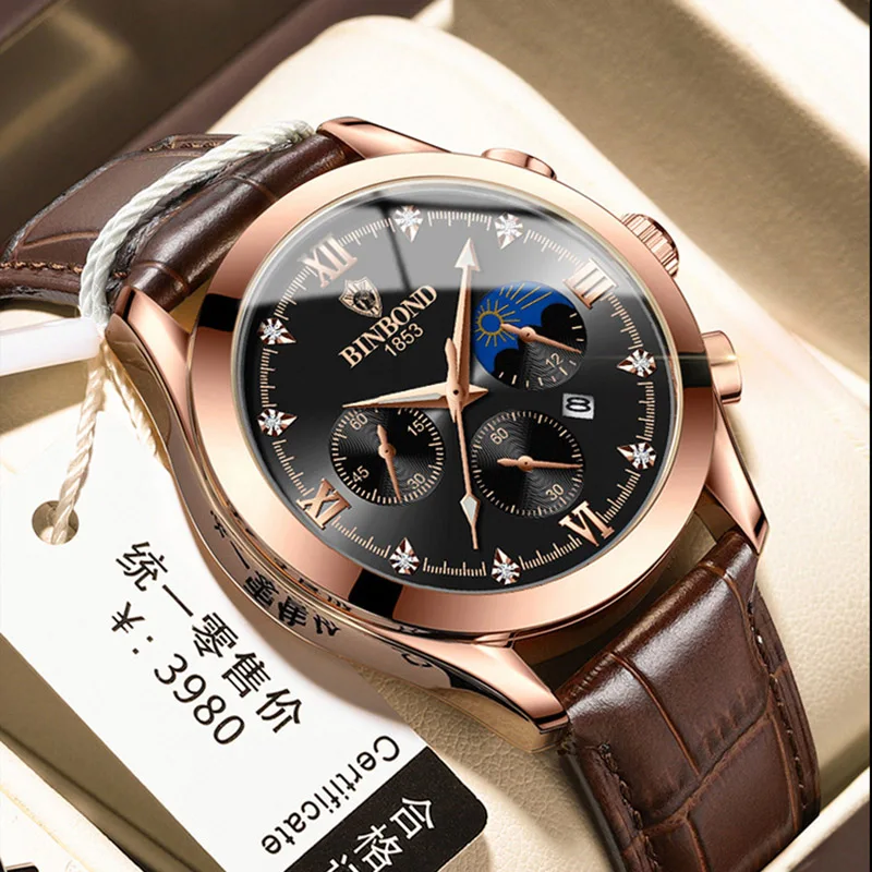 

Brand Men's Business Diamond Quartz Watch Luminous Three Eye Leather Strap Large Dial Clock Luxury Sports Outdoors Wristwatch