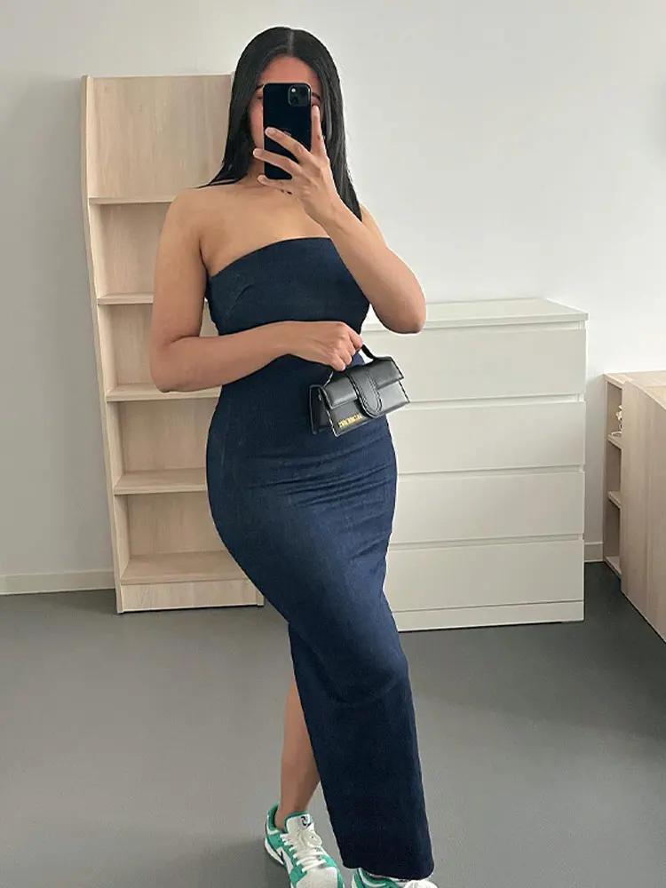 

Zipper Split Evening Party Blue Denim Female Long Dress Sexy Strapless Backless Dresses Women 2023 Spring Summer Slim Lady Robe