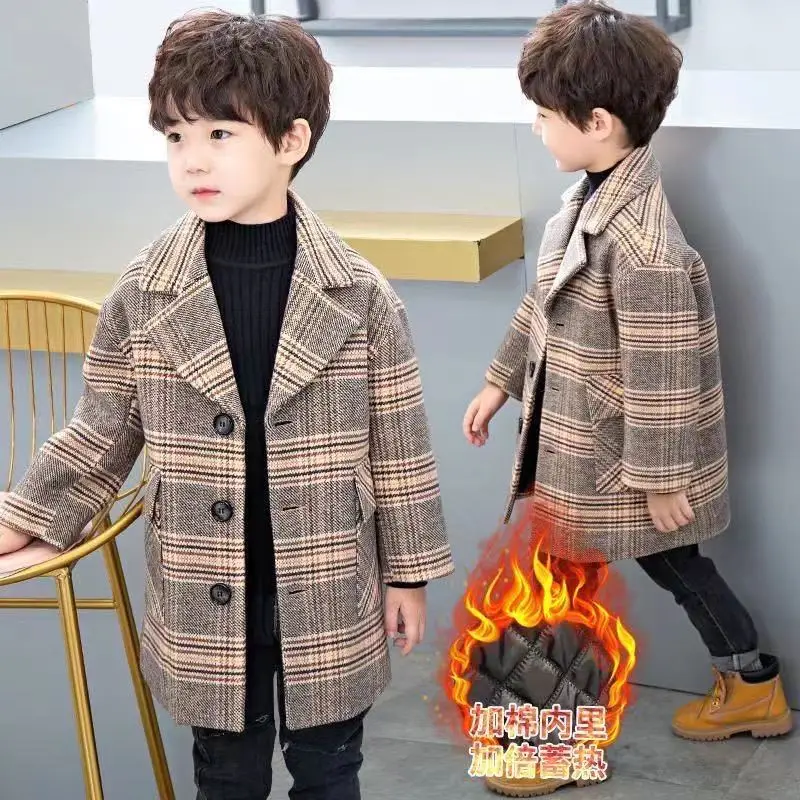 

Baby Boy Girl Woolen Plaid Jacket Long Double Breasted Warm Child Lapel Tweed Coat Cotton Padded Baby Outwear Clothes 3-12Y