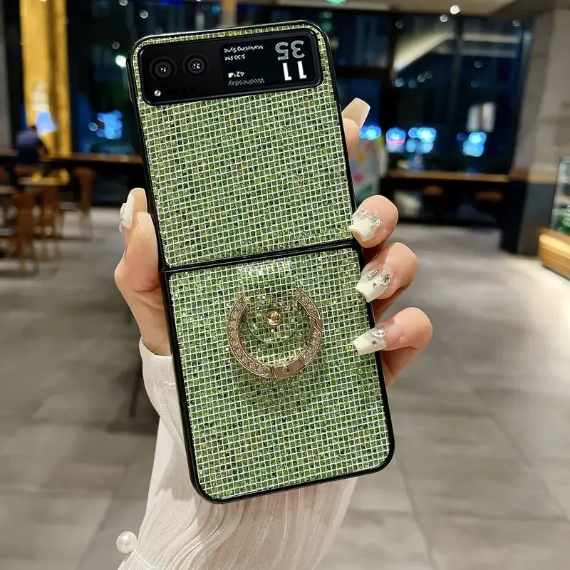 Luxury Bling Lattice Pattern Rhinestone Ring Grip Phone Case - Fashion Glitter Shell