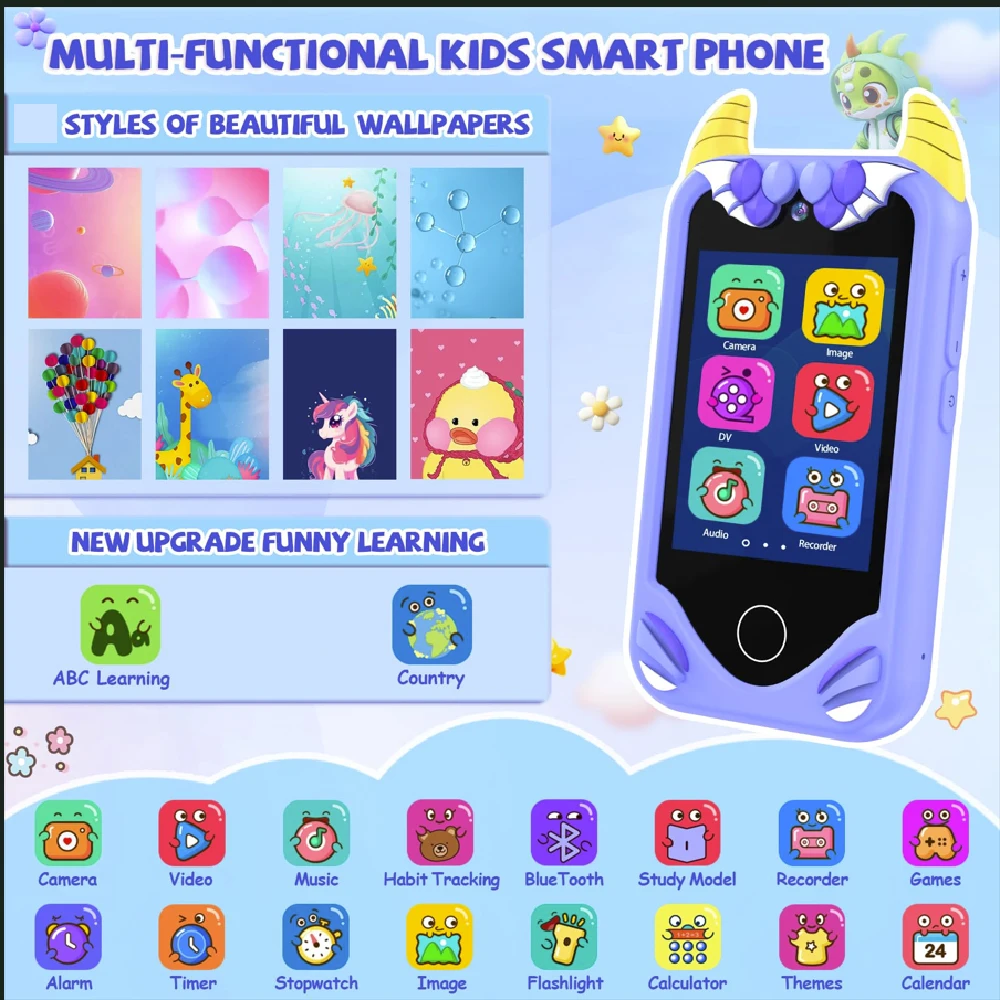 Nuovi bambini Smart Phone Giocattolo per bambini Mini Smart Phone Giocattoli 28 giochi Doppia fotocamera Lettore video musicale Ragazzi Ragazze Regali di compleanno - immagine 2