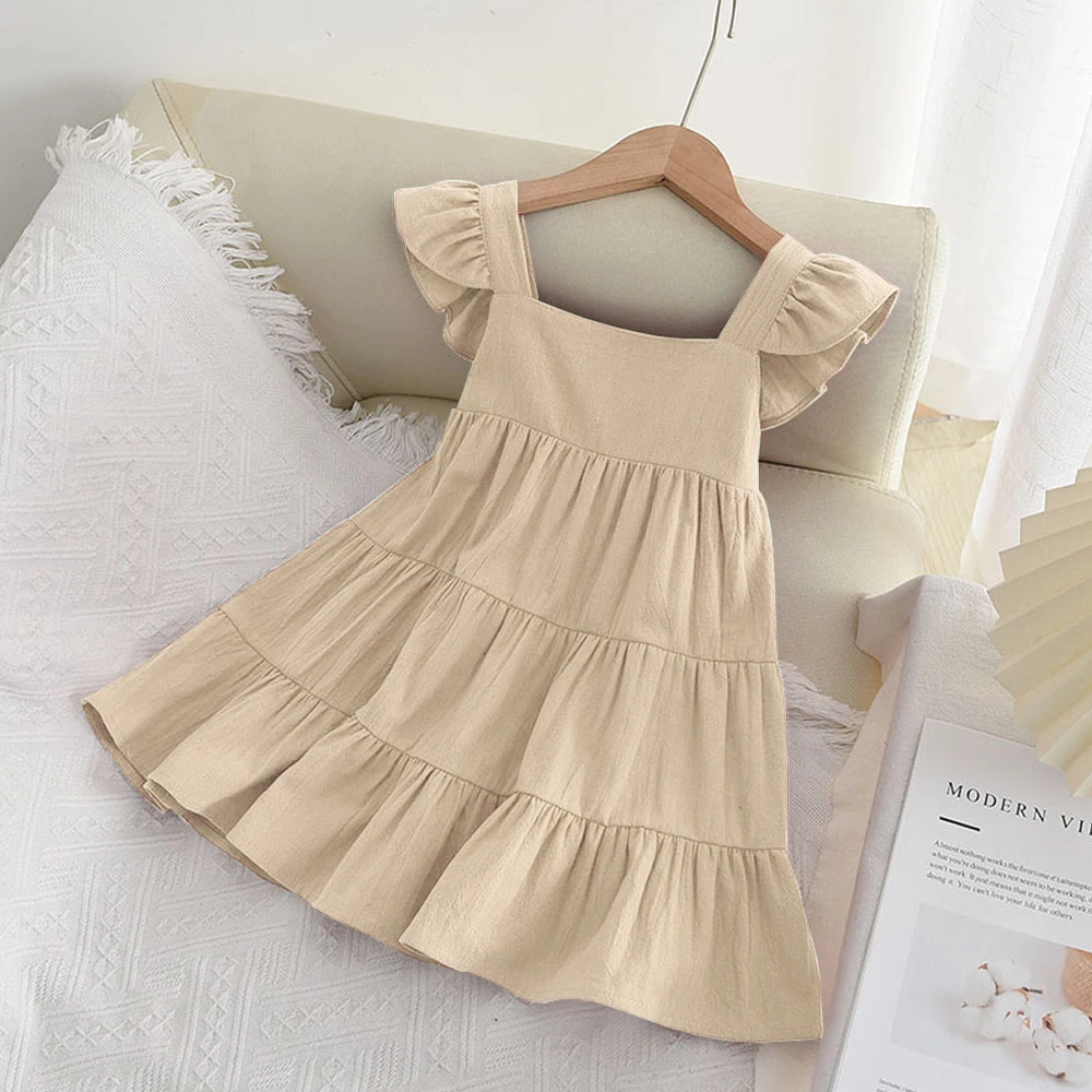 Bear Leader Girls\' Dress 2023 Summer New Casual Girls\' Sleeveless Ruffle Dress Princess Dress Cute Solid Color Fashion Dress