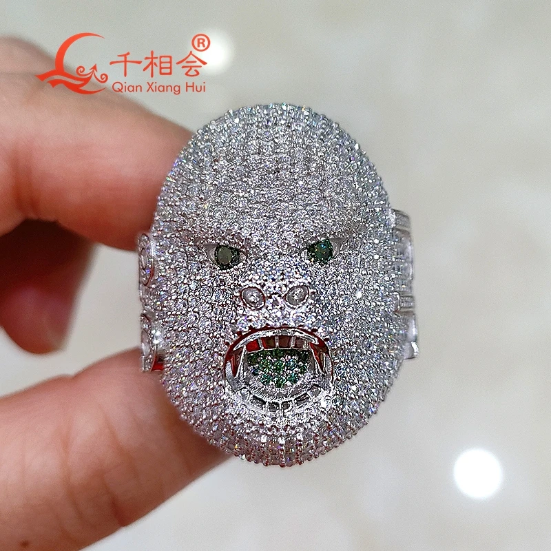 26*33mm Ghost men Face full of D white melee moissanite  Sterling 925 Silver hip hop Ring Men women  Diamonds Male fine Jewelry