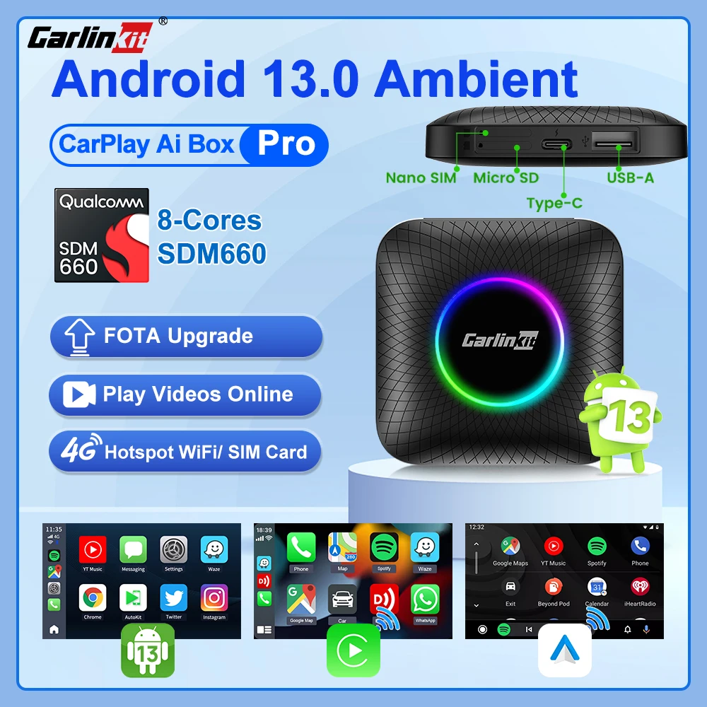 

CarlinKit Портативная ТВ-приставка Magic Android 13 CarPlay AI Box Qualcomm SDM660 8-ядерный Android Auto Беспроводной ключ CarPlay Автомобильная видеоприставка Поддержка GPS Netflix Видеоприложения YouTube 64G 128G