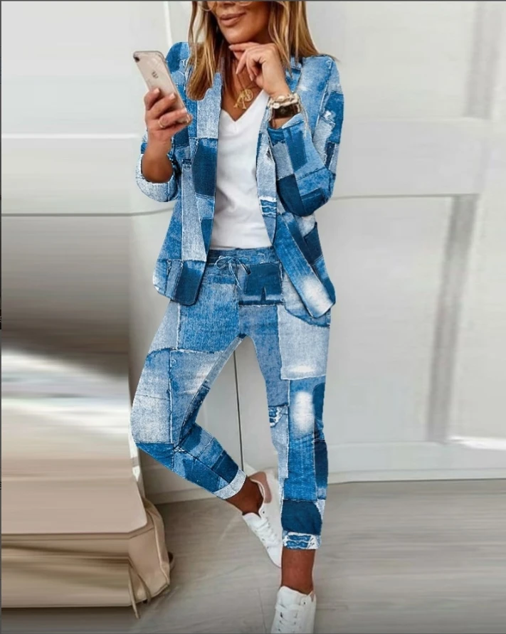 Women's Ombre Long sleeved Shawl Collar Suit Pants Set 2024 Spring/Summer New Women's Casual Daily Pants Set