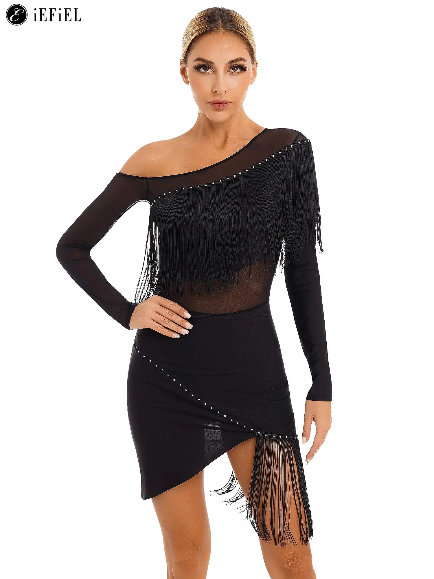 Womens Ballroom Dance Costume Long Sleeve Split Fringed Tango Salsa Rumba Samba Cha Cha Latin Dancing Dress Modern Dancewear
