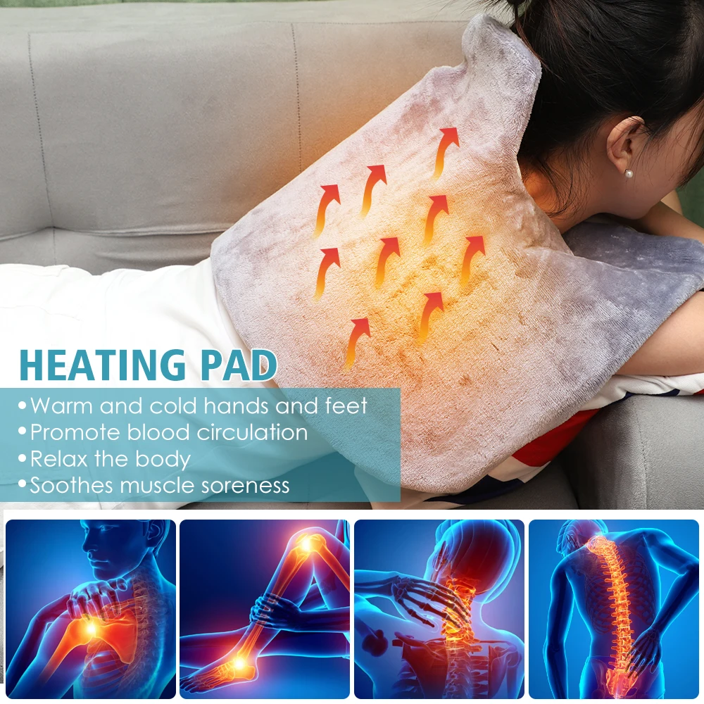 A woman with an electric heating pad on her back.