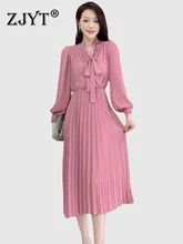 

ZJYT Fashion Long Sleeve V Neck Sweet Pink Chiffon Dresses for Women Spring Clothing Female 2022 Sashes Aline Casual Vestidos