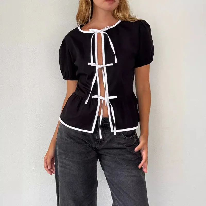 

Deeptown Lace Up Coquette Crop Cardigan Y2k Bow Puff Short Sleeve Women Shirt Sexy Vintage Summer Female Blouses Gyaru Korean