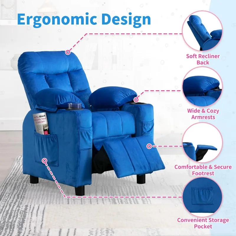 Kids Recliner Ergonomic Adjustable Velvet Lounge Chair with Footrest & Side Pockets Sofa for Boys Girls Bedroom (Navy) 3