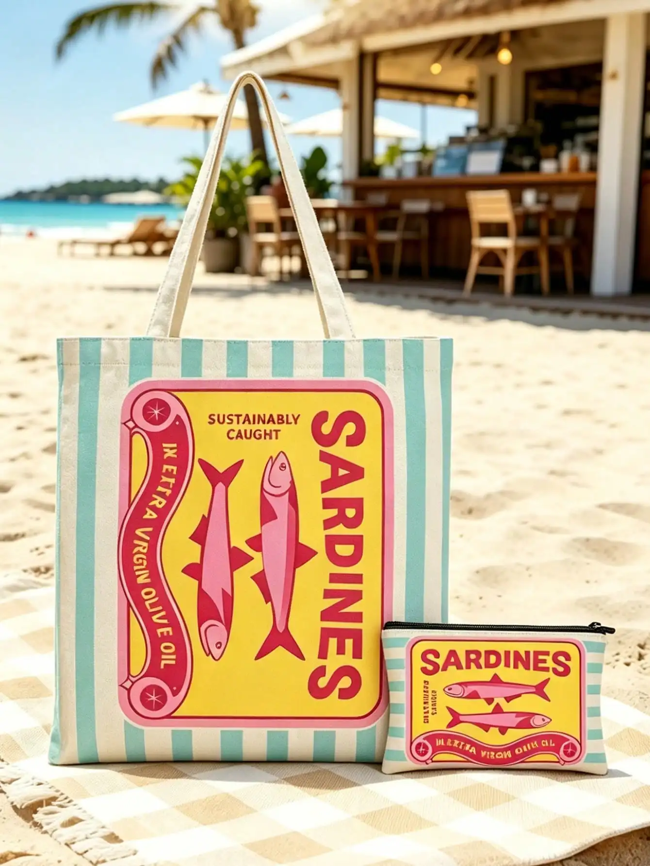 Retro Sardine Patterned Tote and Makeup Bag for Travel and Everyday Use