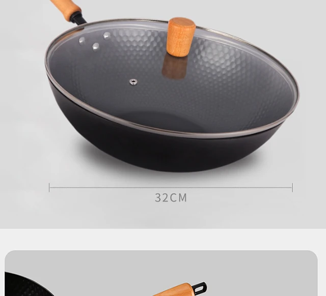 XWWDP Pure Iron wok,Traditional Handmade Iron pan,Non-coated,Non-stick,For  Gas and Induction Cooker (32cm) (Color : A, Size : 32CM)