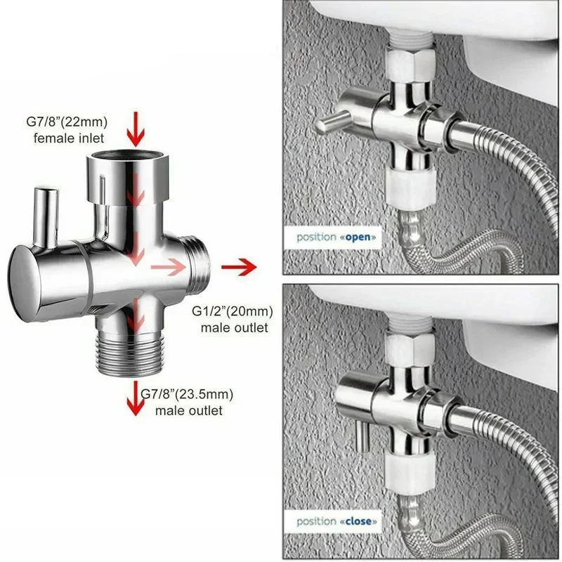 Diverter Valve T Adapter Valve G7/8" G1/2" Diverter Valve 3 Way T-Adapter Converter for Shower Brass Water Tap