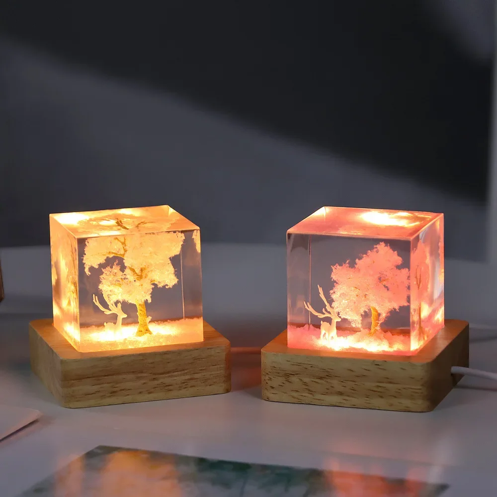 

Resin Colorful White Deer Cherry Blossom Night Light Creative Couple Desktop Birthday Gift Ornaments Home Decoration Night Light