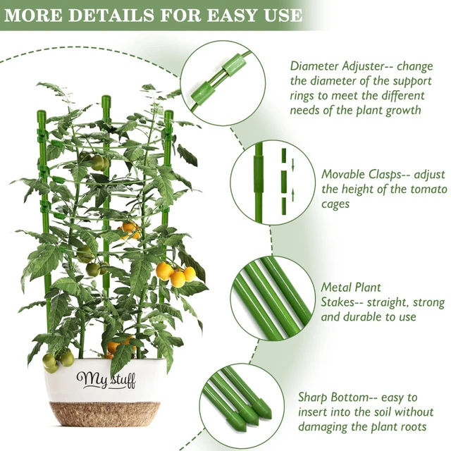 90cm Adjustable Tomato Cage 36 inches Plant Support Cages Cucumber Trellis for Climbing Plants 4 Adjustable Rings and Plant Clip 2