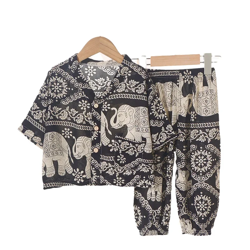 2024 New Kids Summer Thin Pajamas Boys Girls Cartoon Three-quarter Sleeve V-neck Shirt Tops + Pants Baby Casual Clothing Sets