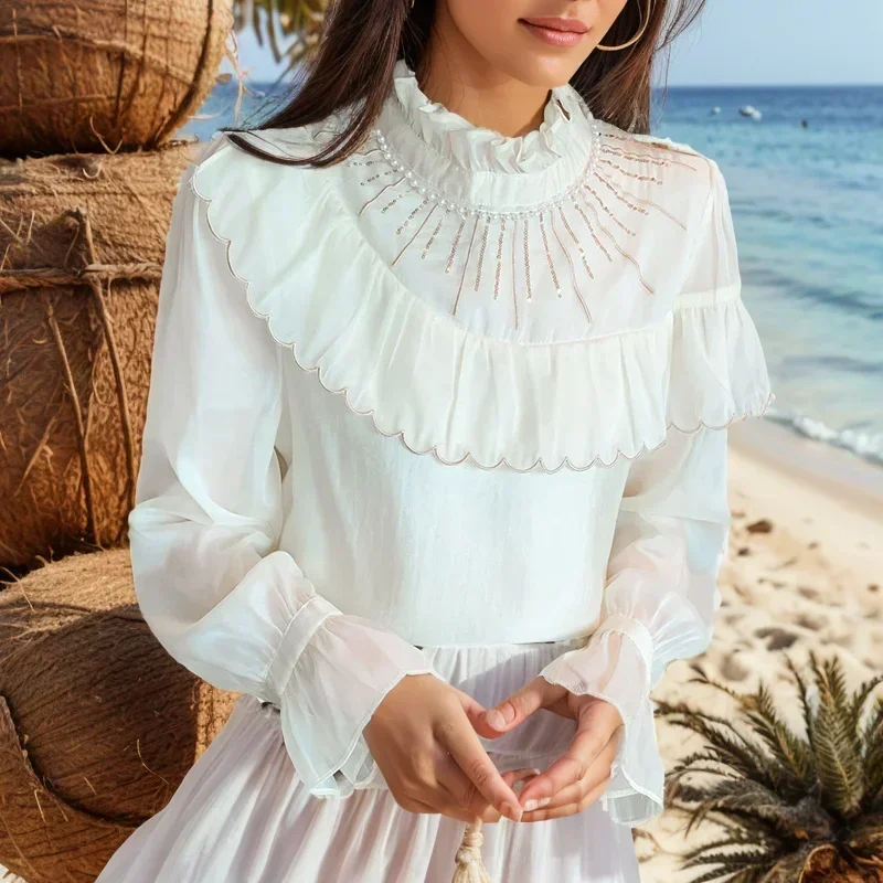 

Милая рубашка с оборками на воротнике и расклешенными рукавами, женские осенние винтажные элегантные топы для женщин, однотонная Повседневная Блузка, модная одежда, блузы 29757