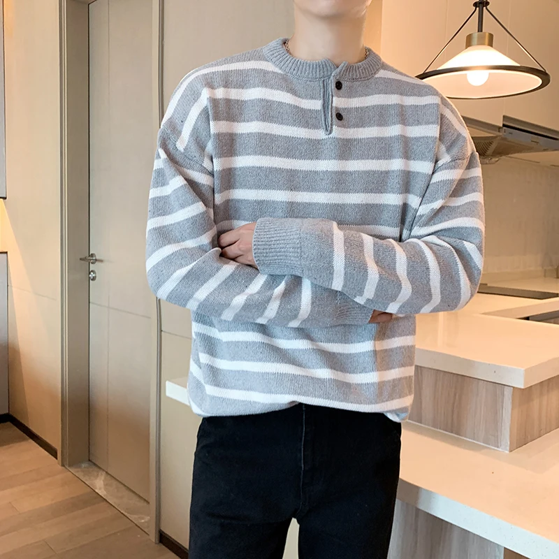 Men Striped Casual Knitted Sweater Men's Korean Collage Autumn Pullover Tops Male O-Neck Oversize Knitwear Sweater Fashions A25