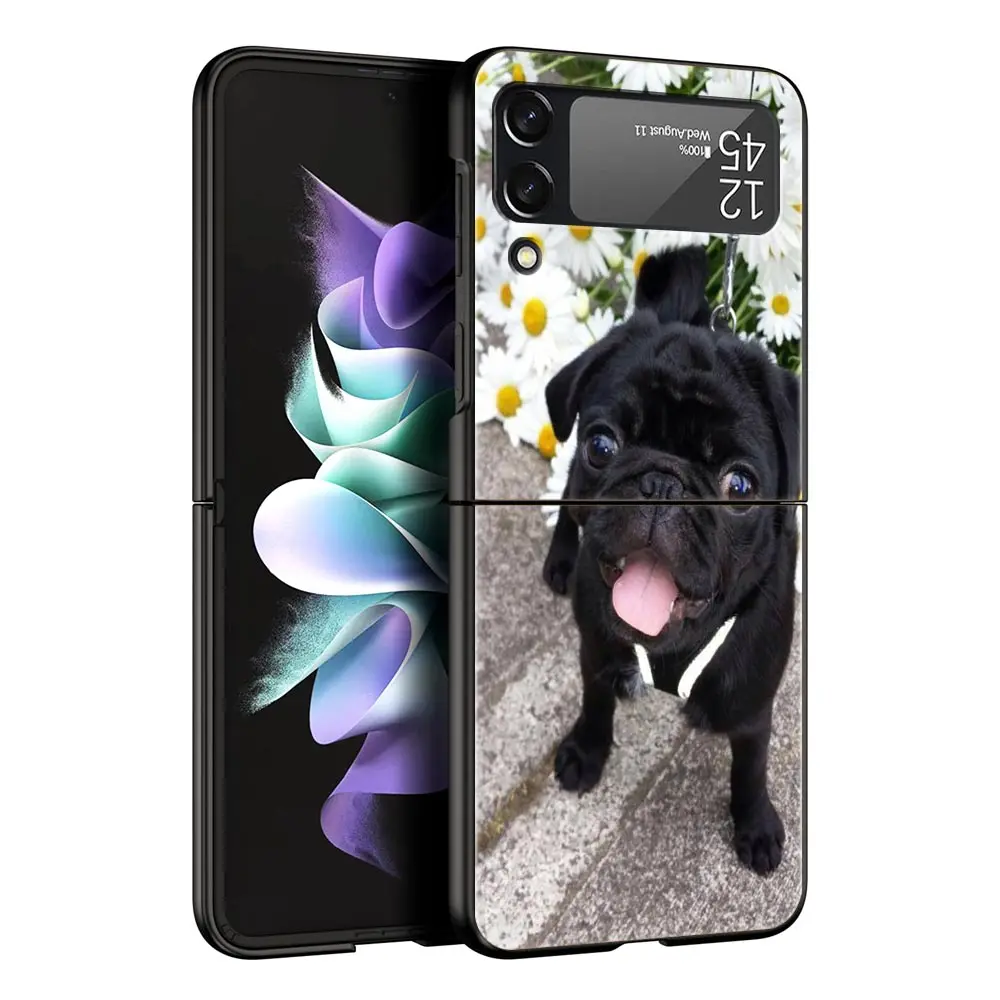 Folding Black Shell Phone Case with Cute Pug Design - PC Hard Cover