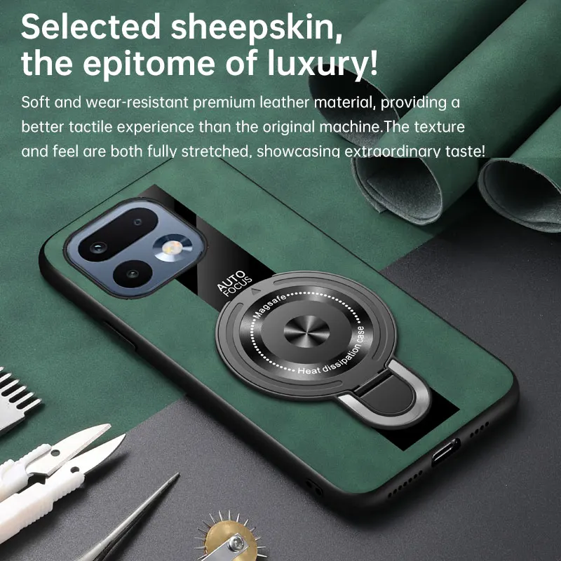Luxury Silicone Sheepskin Leather Magnetic Ring Holder Premium Back Cover