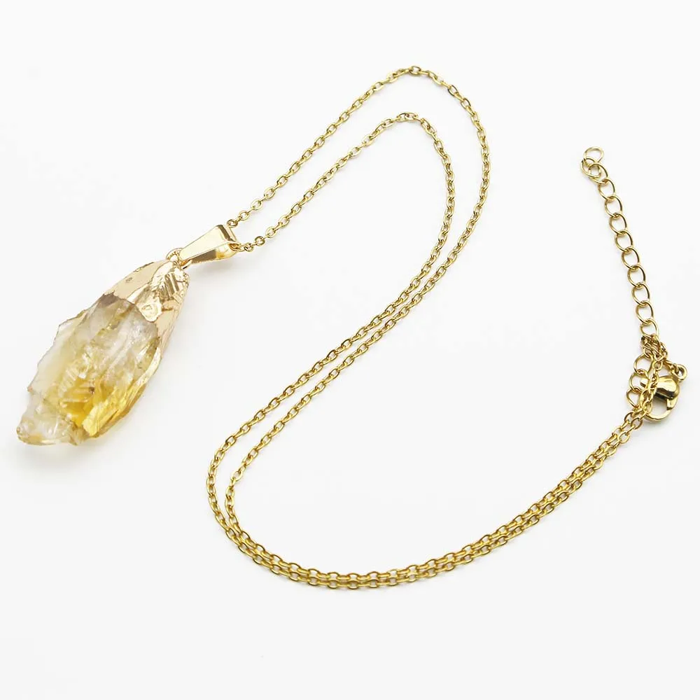 Natural Raw Ore Topaz Yellow Crystal Pendant Irregular Gold Plated Stainless Steel Chain Necklace Charm Jewelry Accessories 6Pcs