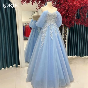LORIE Sky Blue Lace Wedding Dresses Off Shoulder A-Line Sleeveless V-Neck Bridal Gowns Appliques Princess Backless Bride Dress