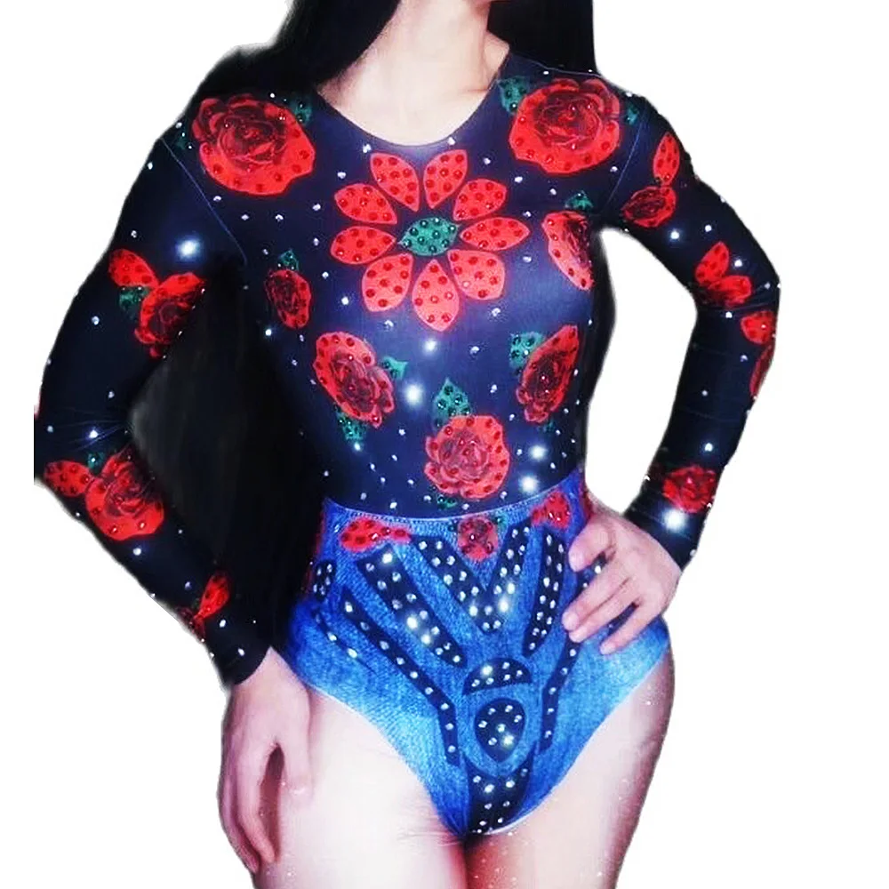 

Red Rose Print Skinny Elastic Jumpsuits Shining Colorful Diamonds Women Bodysuits Leotard Singer Dancer Stage Wear Outfit