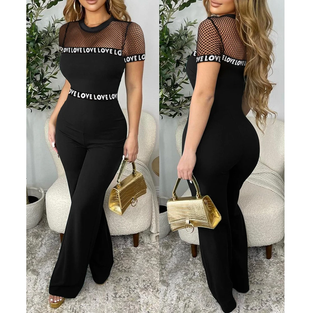 

Wepbel Summer Short Sleeve Jumpsuits Rompers Letter Band Patch Mesh Ribbon Matching Tight Jumpsuit Women Fishnet Design Jumpsuit