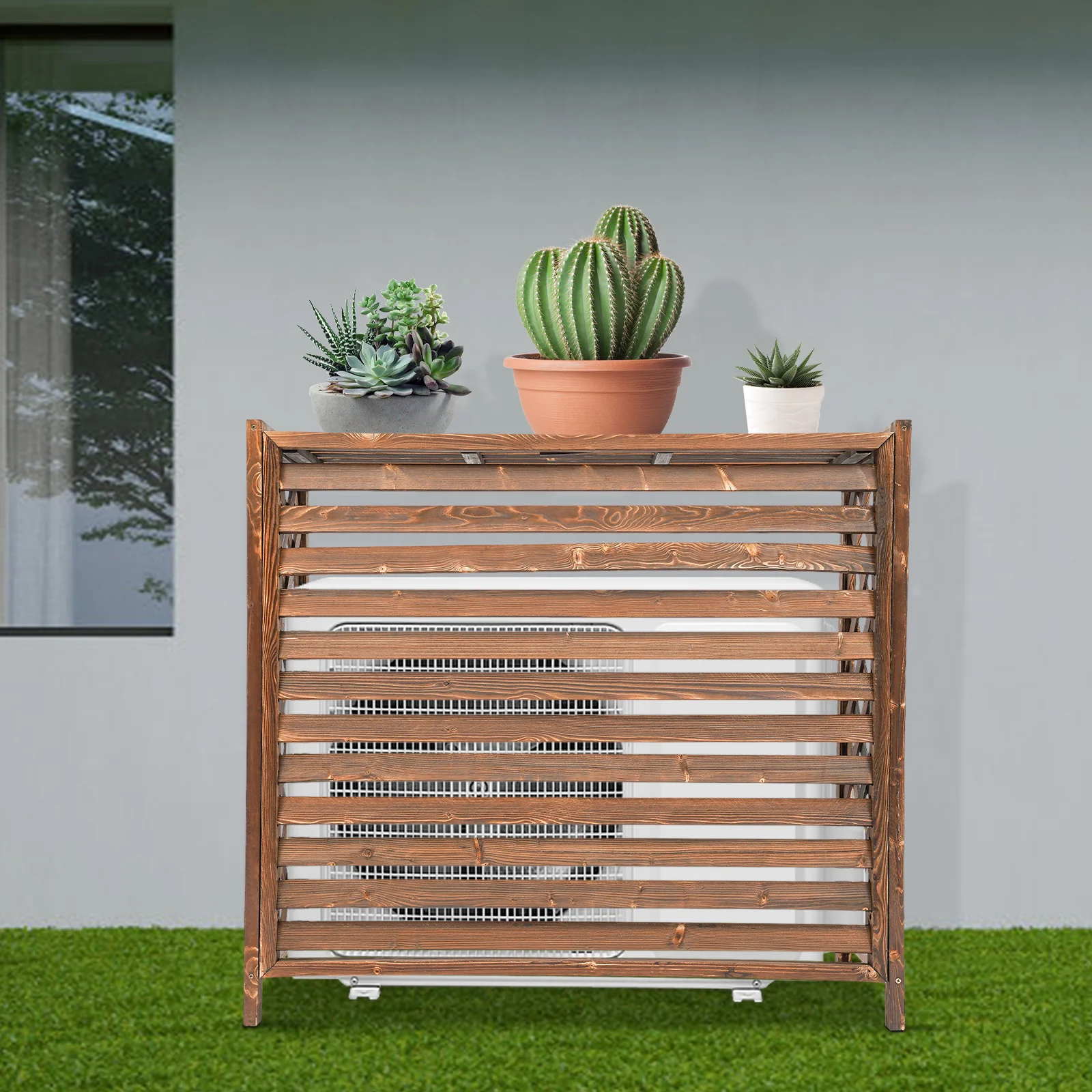 Air Conditioner Cover with Privacy Fence, Waterproof Fir Wood, Sun Protection, Planter Design, Easy Installation, Durable and