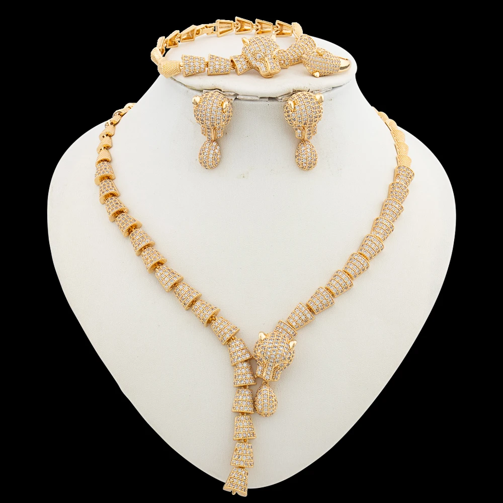 

African Gold Color Jewelry Set for Ladies Shine Zircon Design Necklace and Drop Earrings Bridal Weddings Bracelet Ring Set Party