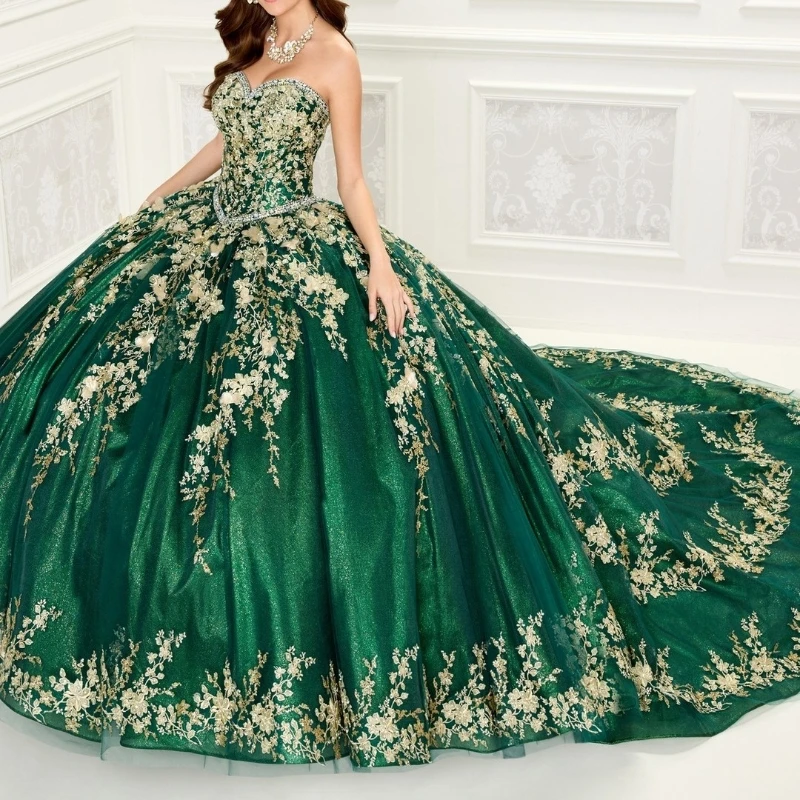 

Green Shiny Quinceanera Dresses 2024 Formal Luxury Party Beading Lace Appliques Sweet 15 Dress Graduation Ball Gwon Prom Gowns