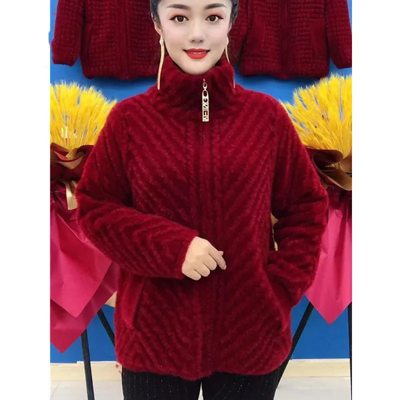 중년 노인 어머니 모조 밍크 벨벳 코트, 두꺼운 스탠드 지퍼 카디건 스웨터, 여성 니트 재킷, 6XL, 가을 겨울