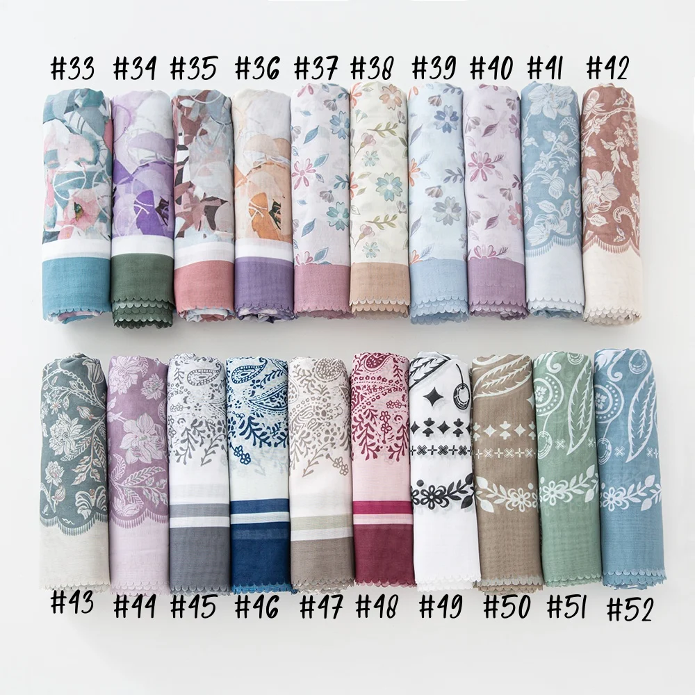 51Colors Malaysia Tudung Bawal Flower Print Hijab Laser Cut Edge Headscarf Premium Cotton Voile Soft Fashion Muslim Square Scarf 5
