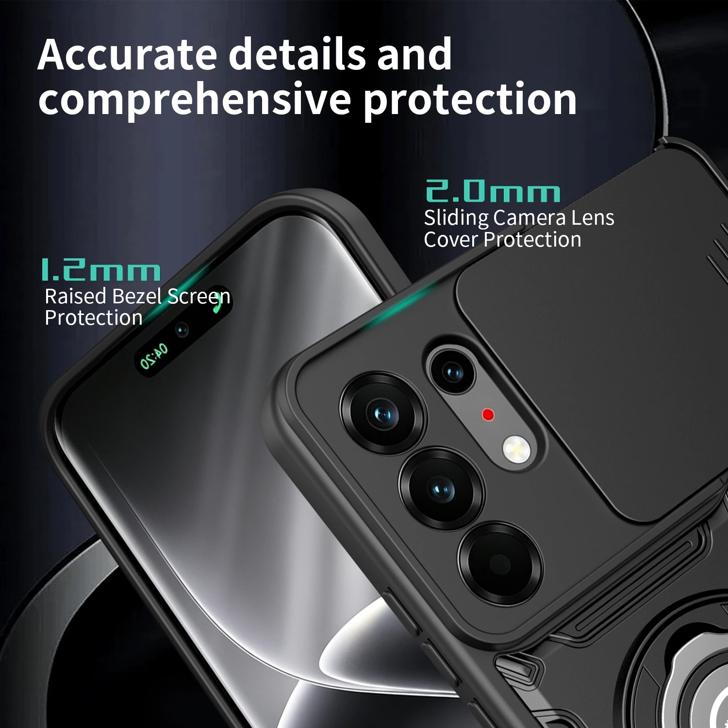 Enhanced Shockproof Armor Case with Slide Camera Lens Protection and Metal Ring Holder