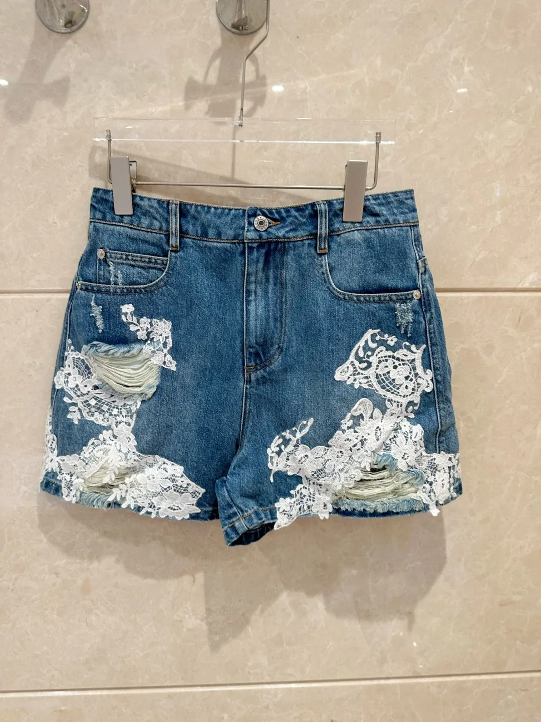 2024 Spring/Summer New Women's Wear Fashion Custom Lace Washed Denim Shorts 0320