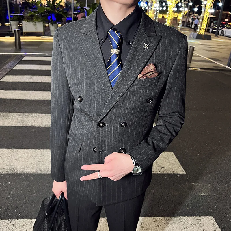 

2023High-end British Slim Men's (suit + trousers) new boutique fashion business stripes groom best man dress two-piece set