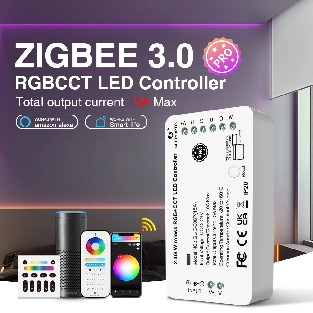 GLEDOPTO Zigbee3.0 RGBCCT LED Strip Controller Pro 15A Current Hu/e Tuya Smart Life SmartThings App 2.4G RF Remote Control Voice moeshouse tv01 tuya zigbee3 0 radiator actuator valve smart thermostat temperature controller trv external sensor